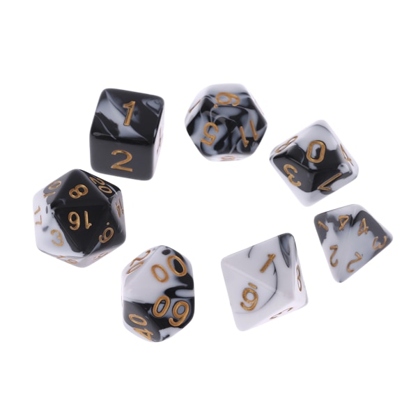 7 stk. Akryl Terninger Sort Hvid Guld Prikker D4 D6 D8 D10 D12 D20 KTV Bar Natklub