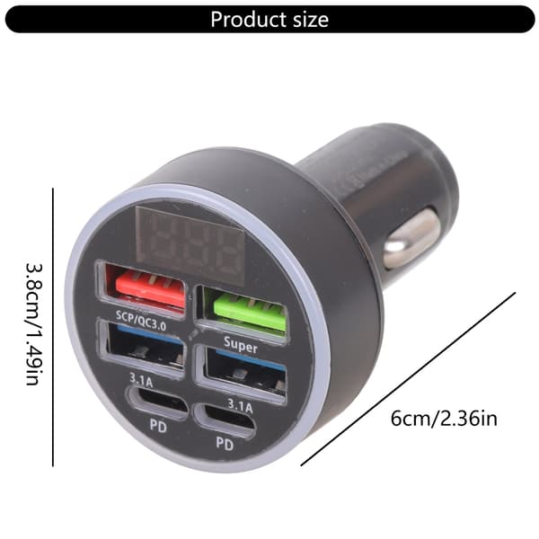 Plassbesparende billaderadapter med 4 USB-porter og digital strømvisning