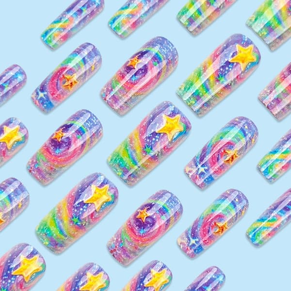 24x lange påsætningsnegle med stjerner, press-on negle med gradient til fest
