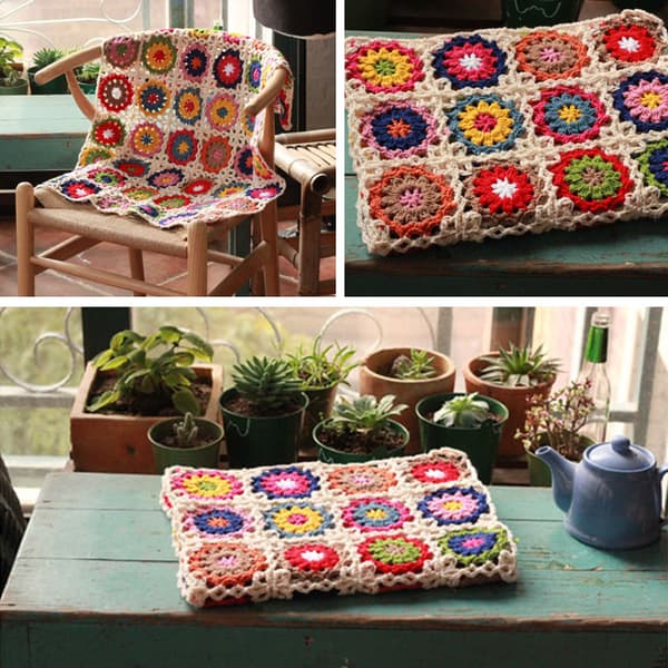 Boho Handgjord Virkad Soffa Tröja Färgglad Blomma Tröja Stil Mat Dekor