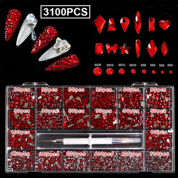 Nail Art Rhinestones Kit Multi Shapes Glass Crystal AB Nail Stones Nail Jewels Flatback Nail Gems Strass för w/ Wax 14