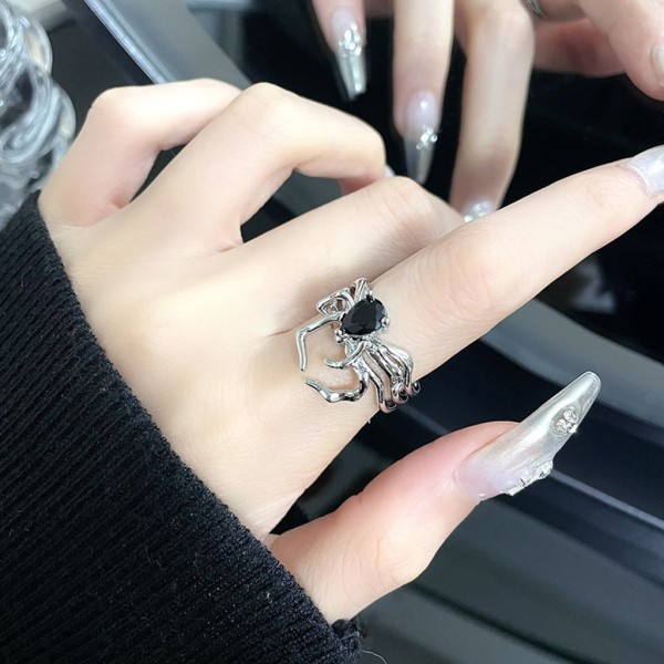 Gothic Irregular Spider-Webs Zirkonringar Black Crystal Grunge Open Ring Punk Dark Spider-Animal Goth Ringar för kvinnor null - B