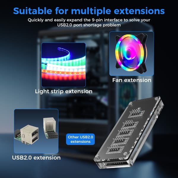 9-pinners USB-header-splitter med SATAs strømkabel, intern USB HUBs-utvidelse