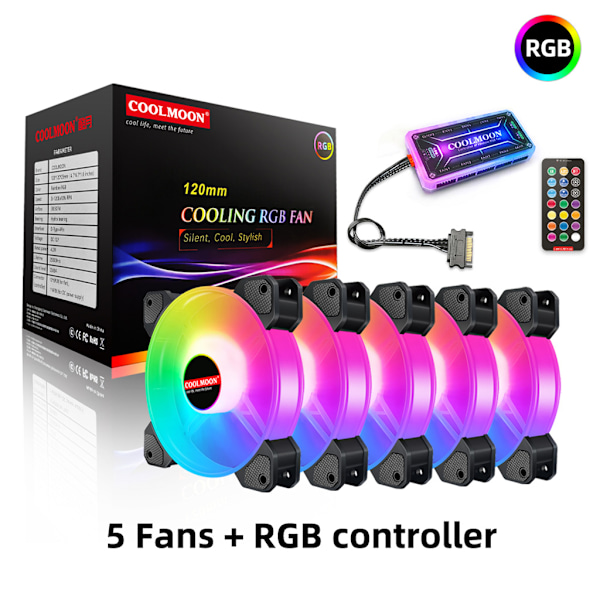 Coolmoon Datorchassi PC Fläkt Justera RGB Kylfläkt Tyst Kontroll Datorkylare Kylning RGB för Chassifläktar 120mm