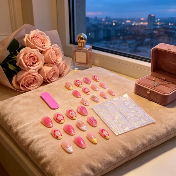 Mandelformet Manikyrsæt med 3D Blomsterpynt til Feststyling