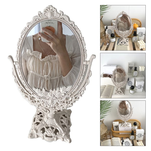 Nordic Carved Retro Style Flip Spegel Plast Vintage Dekorativ Spegel Oval Sminkverktyg för Sovrum Bord Rum Skrivbord
