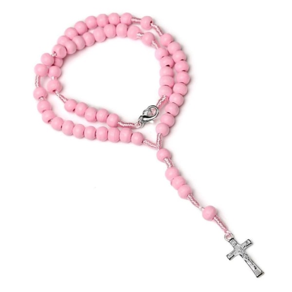 Katolska träpärlor Rosenkrans Halsband Kors Religiös Kedja Kyrka Souvenirer Bön Hängsmycke Smycken för kvinnor Flicka Present Pink