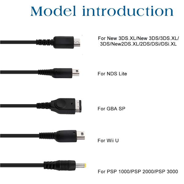 5 i 1 laddningskabel sladd för NDSL/WiiU/Ny 3DS XL 3DS XL 2DS DsiXL för NDS/GBASP/PSP1000 2000 3000 USB laddare