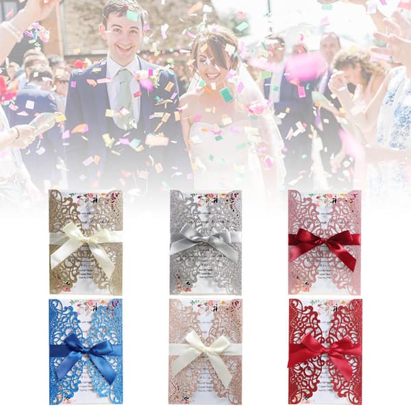 20 stk. Glitter Hul Invitationskort med Konvolutter og Bånd for Bryllupsinvitasjon Blue