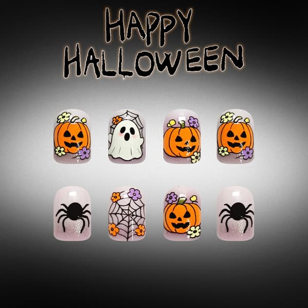 Halloween-tema manikyrsæt med græskar- og spindelvævs-press-on-stil