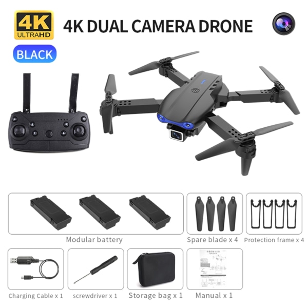 E99 K3 Drone 4K Dubbel/Enkel Kamera 6-axlig 3-vägs Hinder Undvikande RC Quadcopter Black F