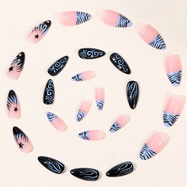 Genanvendeligt Manicuresæt Blå Sort Lang Mandel 24 Stk. Stil Look til DIY Styling