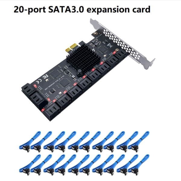 PCIE SATA-kort 20 portar, med 20 SATA-kablar 6 Gbps 1X SATA 3.0 PCIe-kort PCIE SATA-expansionskort med hög precision Blue line