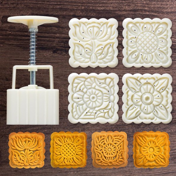 4st fyrkantig handpressstämpel Moon Cake Dekor Fat Mooncake Form 125g gör-det-själv-verktyg