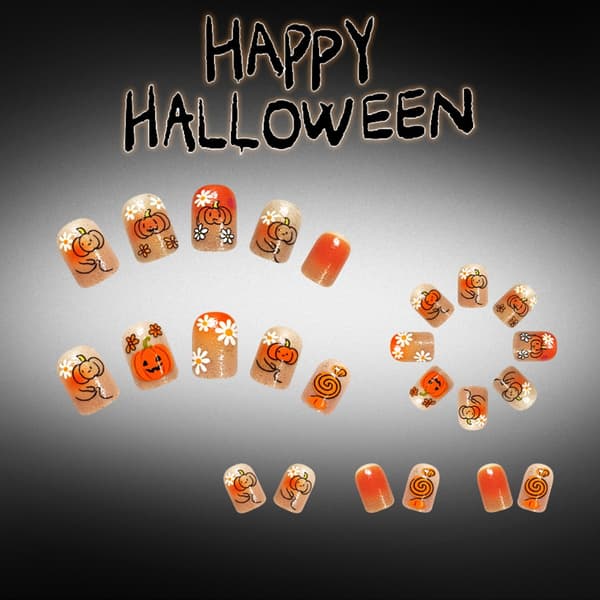 Halloween Press-On Negle med Græskar- og Blomsterkunst, til Festlooks