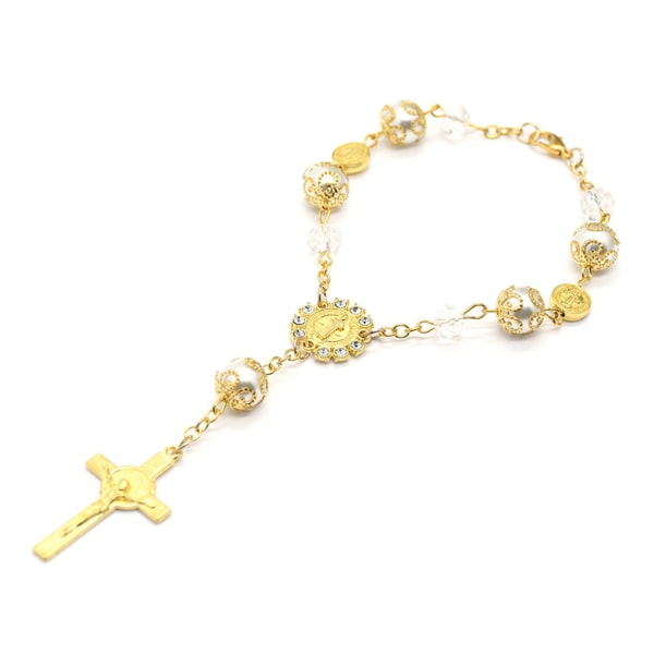 Kristall rund pärla Rosenkrans armband Vintage Jesus Kristus krucifix för kors handleden White