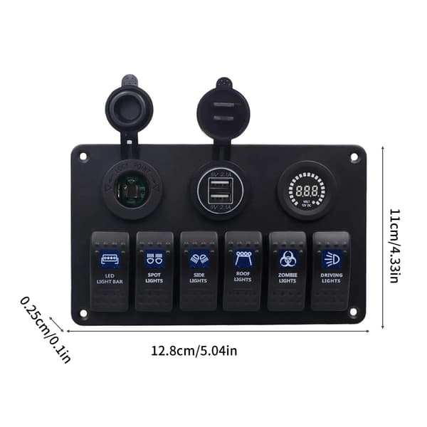 Dubbla USB-laddare Voltmeter 6-vägs brytarpanel LED-ljusramp för marint bruk