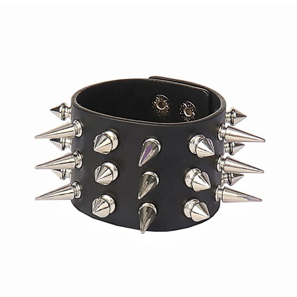 Armbånd med pigge og nitter, sort læder, punk armbånd, manchet, wrap bangle, trykknap, metal armbånd til mænd og kvinder