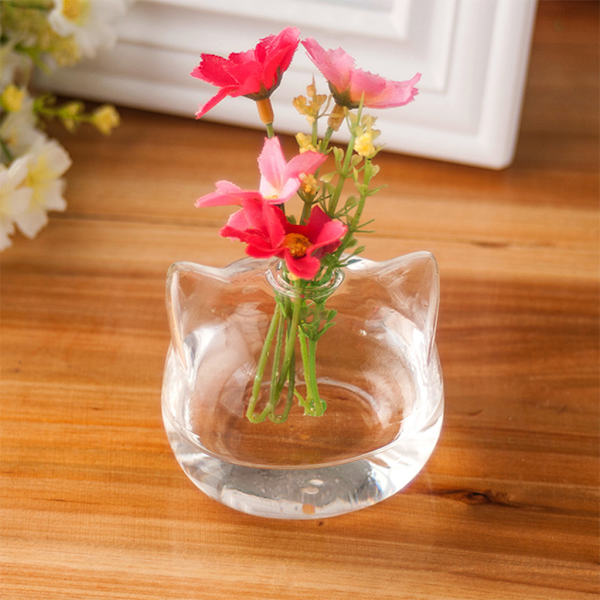 Söt för katt för huvudform Klart glas Vas Flaska Blomflaska Växter Flaska Glas Material för hemväxt Blomma Dec L