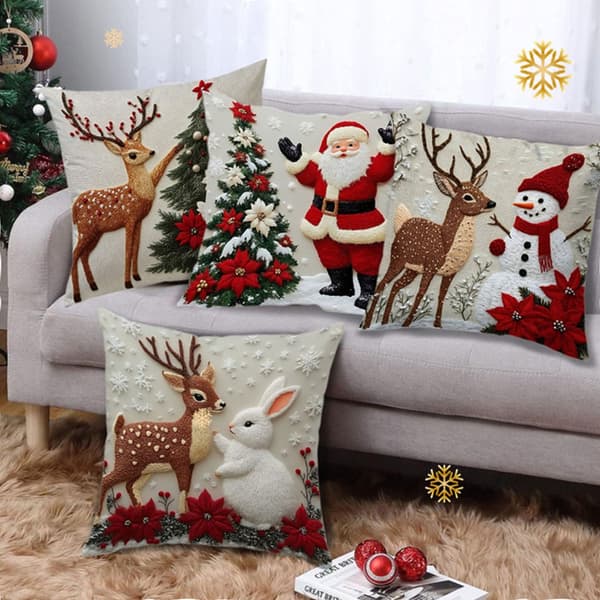 Vinterfest Dekoration Linne Kuddfodral Älg Kanin Tomte Juldesign 1