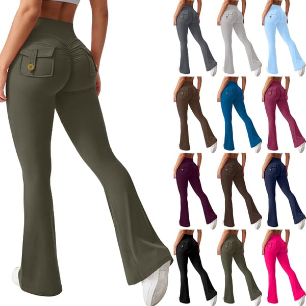 Dam Cargo Byxor Hög Midja Mode Utsvängda Elastiska för Träning Vida Ben Yogabyxor med Fickor Raspberry red M