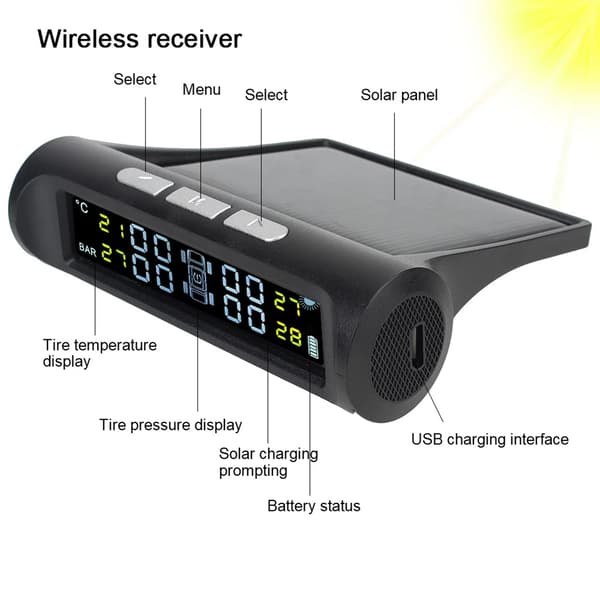 Trådlöst solcellsdrivet TPMS LCD-bildäckstrycksövervakningssystem 4 externa sensorer