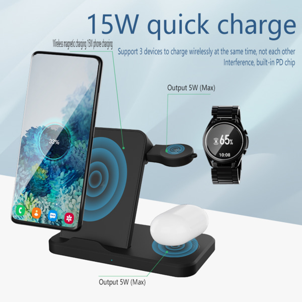 3 i 1 för -Galaxy Watch 3/ Watch 4/Active/Buds USB -laddningskabelfäste Smartwatch Station Laddarställ Hållare