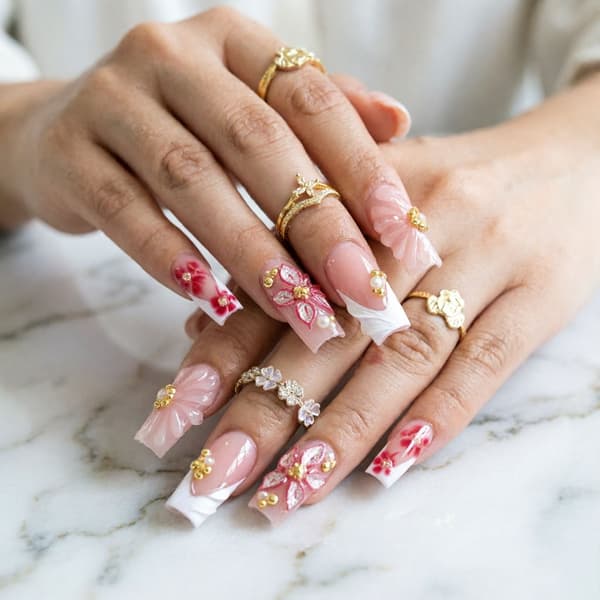 Hurtig manicure press-on negle med 3D blomster fransk tip, 24 stykker