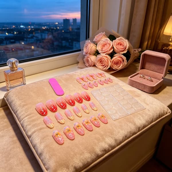 Feststil Press On Manicure Neglesæt Med Mandelformet Blomsterkunst