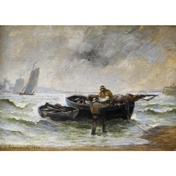 Zwei Fischer beim Entladen eines Bootes,Andreas Achenbach Brun