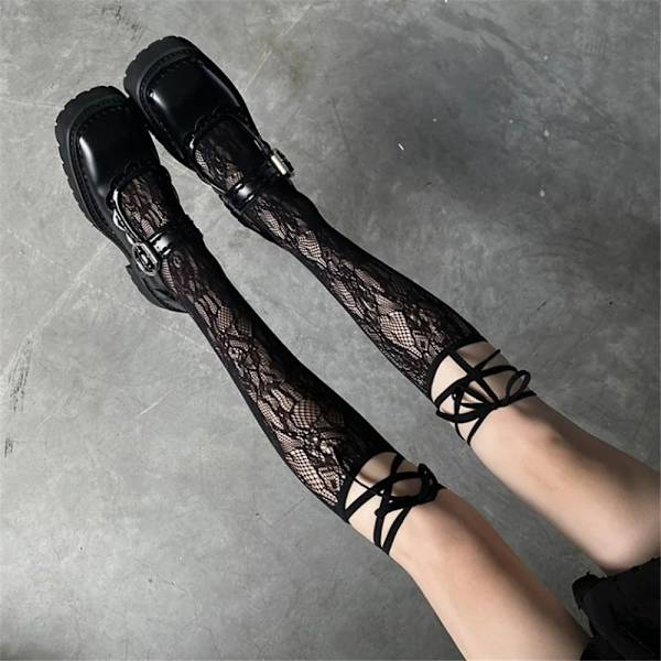 1 par Spets Split Toe Strumpor Strappy Nätstrumpor SVART Black