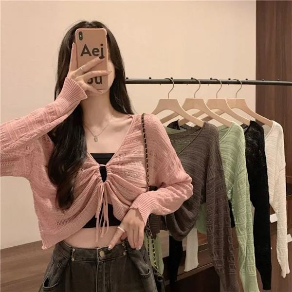 Solskydd Crop Knit Cardigan Tunn Cardigan Coat GRÖN Green