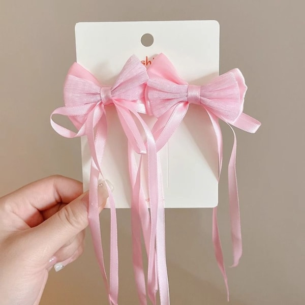 2stk Sløyfebånd Hårklemme Dusk Streamer Hårnåler ROSA MESH pink mesh-mesh