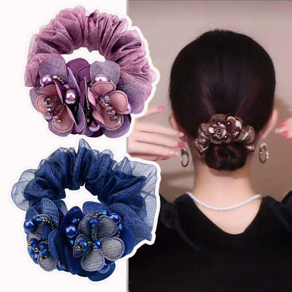 Flower Hair Scrunchies Elastiske hårbånd BLÅ Blue