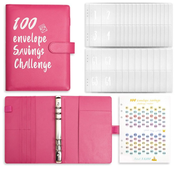 100 kirjekuoren haaste Binder Kirjekuoret Säästöhaasteet rose red