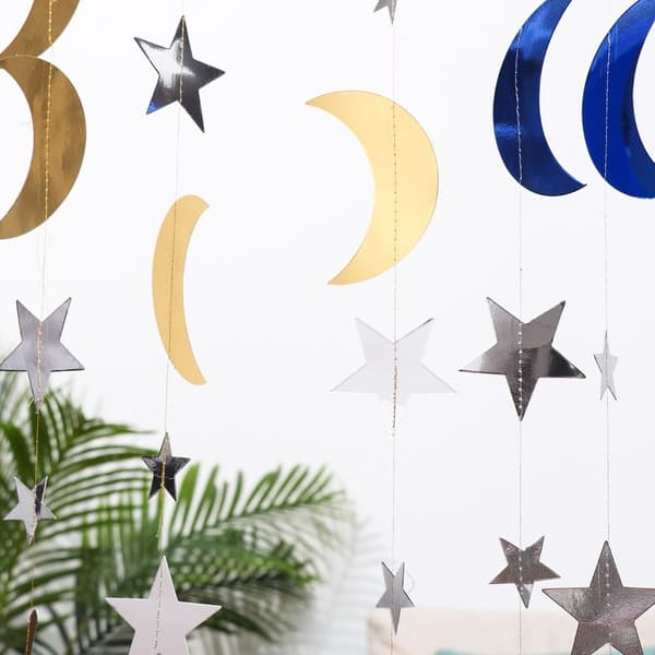 3 Sett Eid Mubarak Dekor Ramadan Banner BLÅ&SØLV 2M