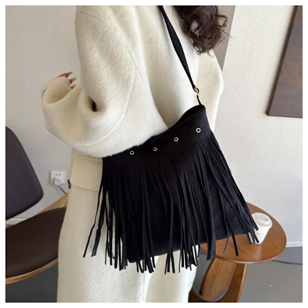 Frynset læder skuldertaske Etnisk stil Messenger Bag SORT Black