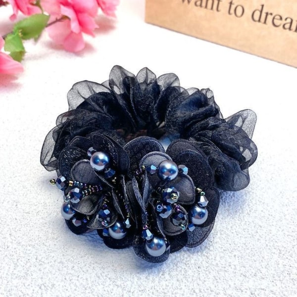 Flower Hair Scrunchies Elastiske hårbånd SORT Black