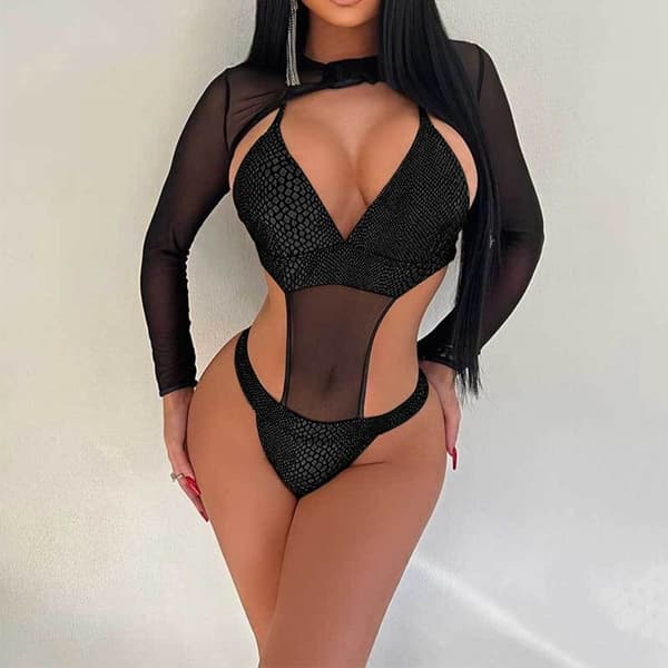 Badedragt Bikini Sæt SORT SLANGEMØNSTER L Black Snake Texture L
