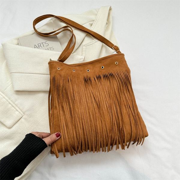 Frynset skinn skulderveske Etnisk stil Messenger Bag BRUN Brown
