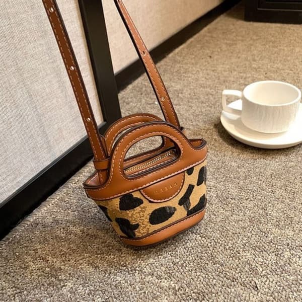 Förvaringsväska Pu Läder Mini Korgväska BRUN LEOPARDMÖNSTER Brown leopard print