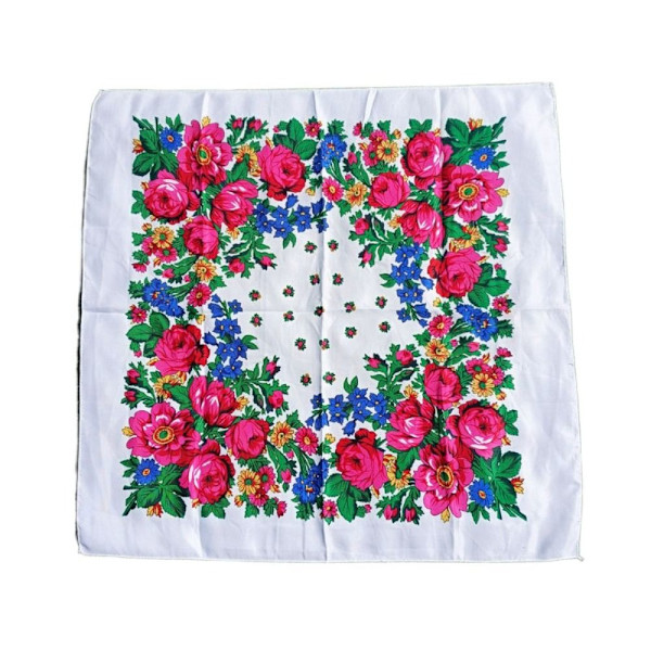 Rose Flower Print Head Scarf Twill Printed Scarf Shawl WHITE White