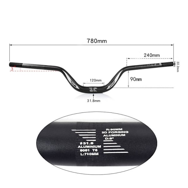 Terrengsykkelstyre Sykkel Extra Long Riser Bar SORT 780MM Black 780mm