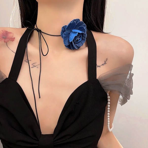 Rose Flower Choker Rose Choker Halskæde LYSEBLÅ STOR LIGHT BLUE LARGE