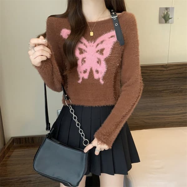 Ensfarvet strikket pullover sommerfugl stropløs sweater BRUN Brown