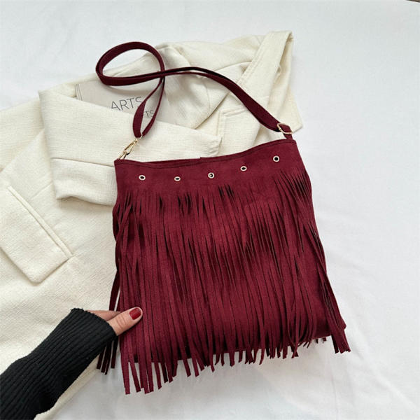 Axelväska med fransar i läder Etnisk stil Messenger Bag RÖD Red