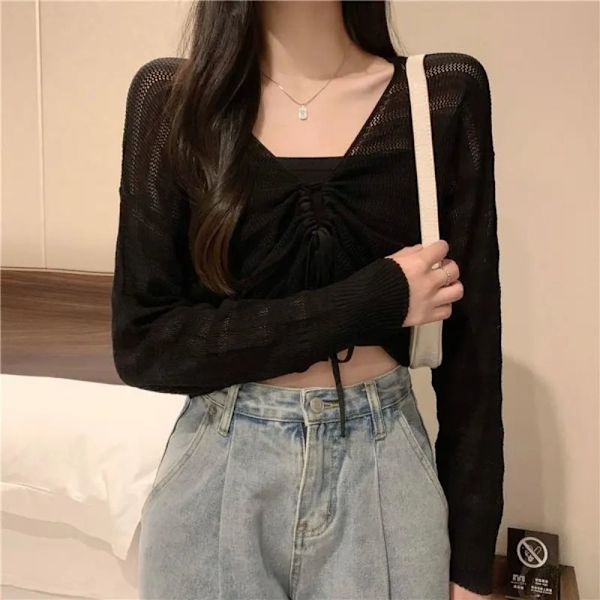 Solskydd Crop Knit Cardigan Tunn Cardigan Coat SVART Black