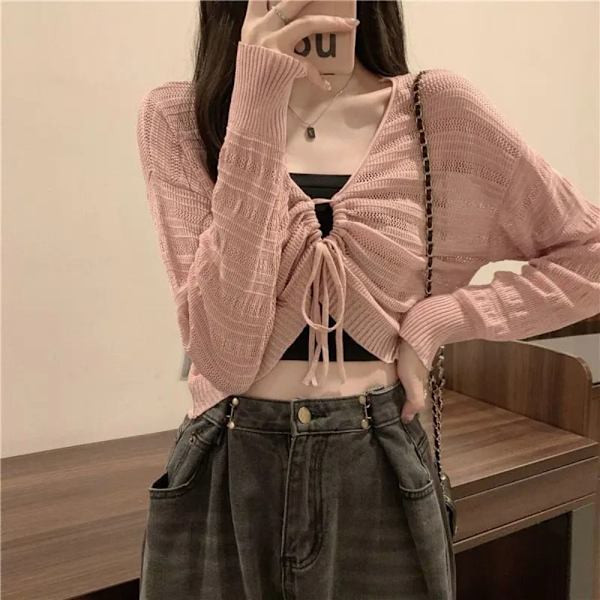 Solskydd Crop Knit Cardigan Tunn Cardigan Coat ROSA Pink