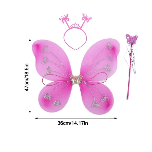3 stk/sett Barn sommerfugl pannebånd vinger Prinsesse kostymesett RØD Red