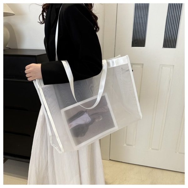 Transparent Beach Nylon Bag Mesh Handhållen Shopping Bag VIT White